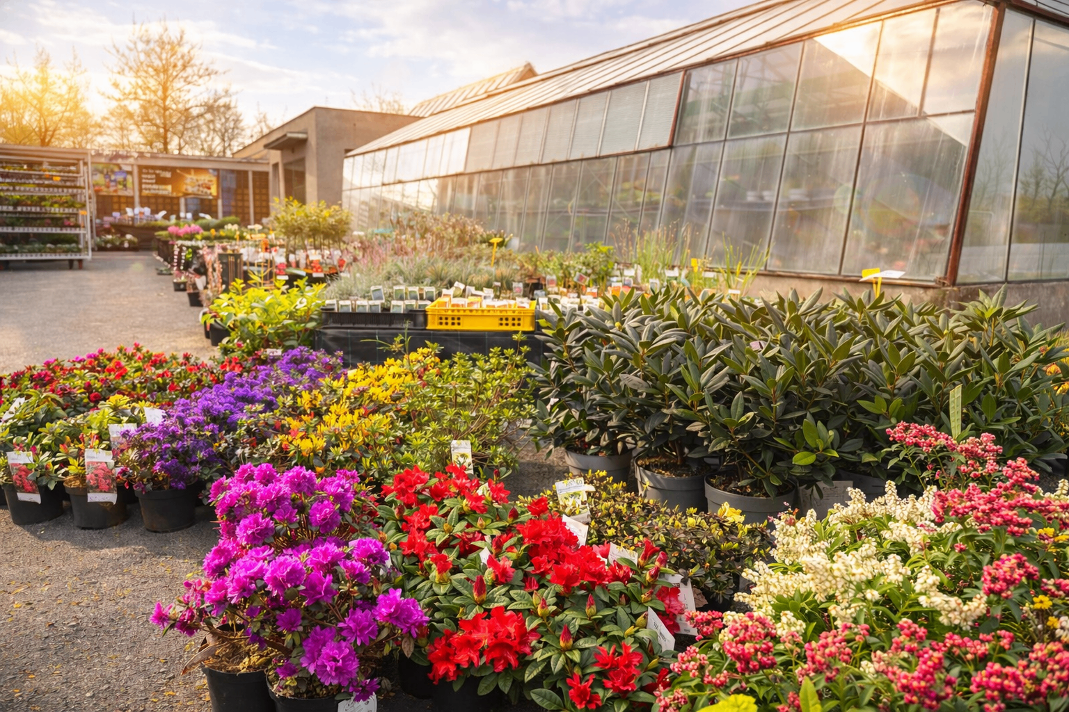 Pestré květiny a sazenice před skleníkem zahradnictví