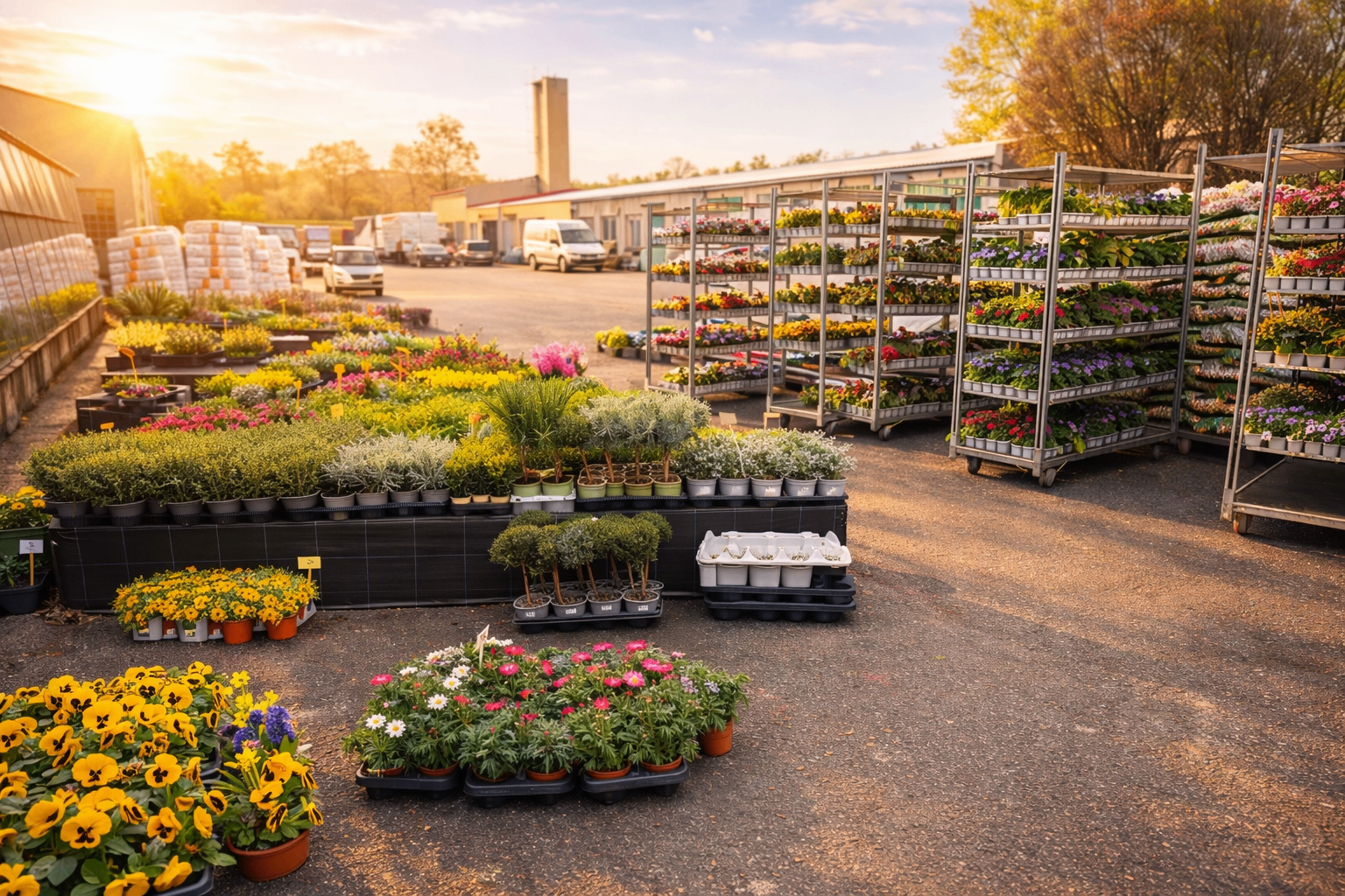 Venkovní prodejní plocha zahradnictví s květinami při západu slunce