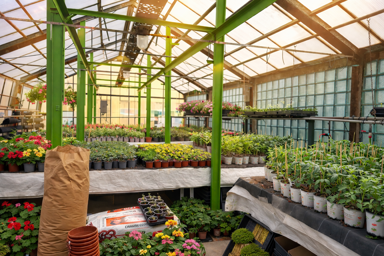 Interiér skleníku se sazenicemi a květinami