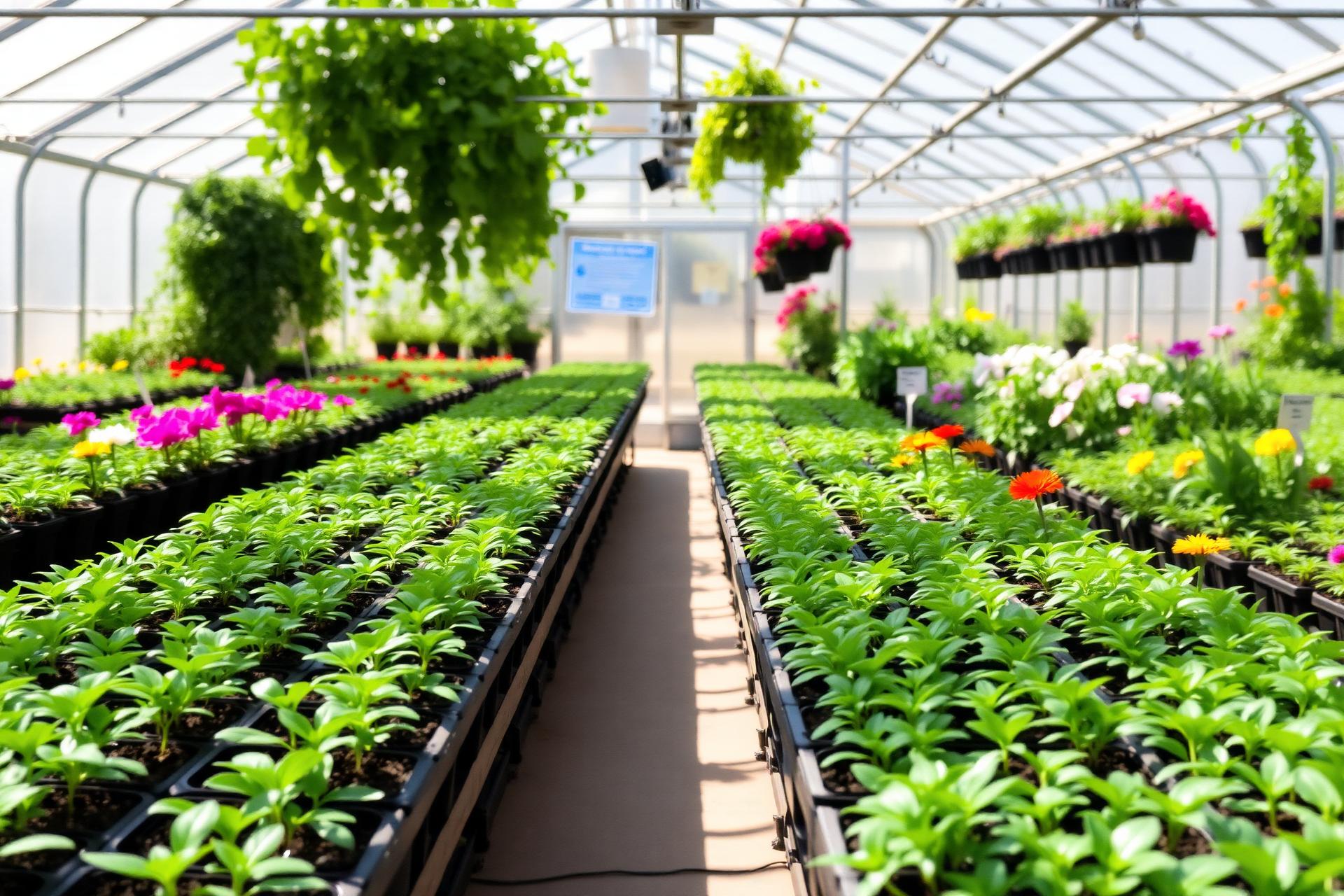 Vnitřek skleníku zahradnictví Oseva Zubří plný sazenic